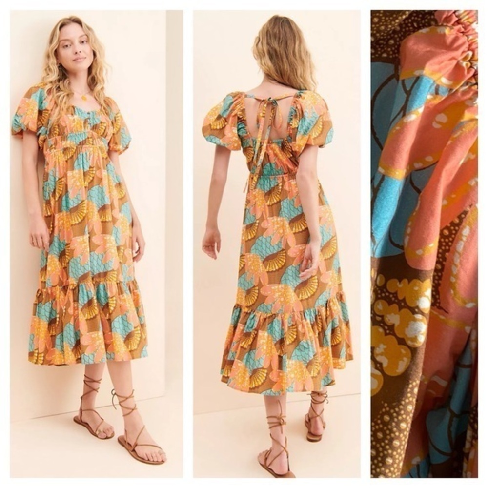 Cleobella Anthropologie Orange Blue Riviera Print Jesse Midi Dress Small